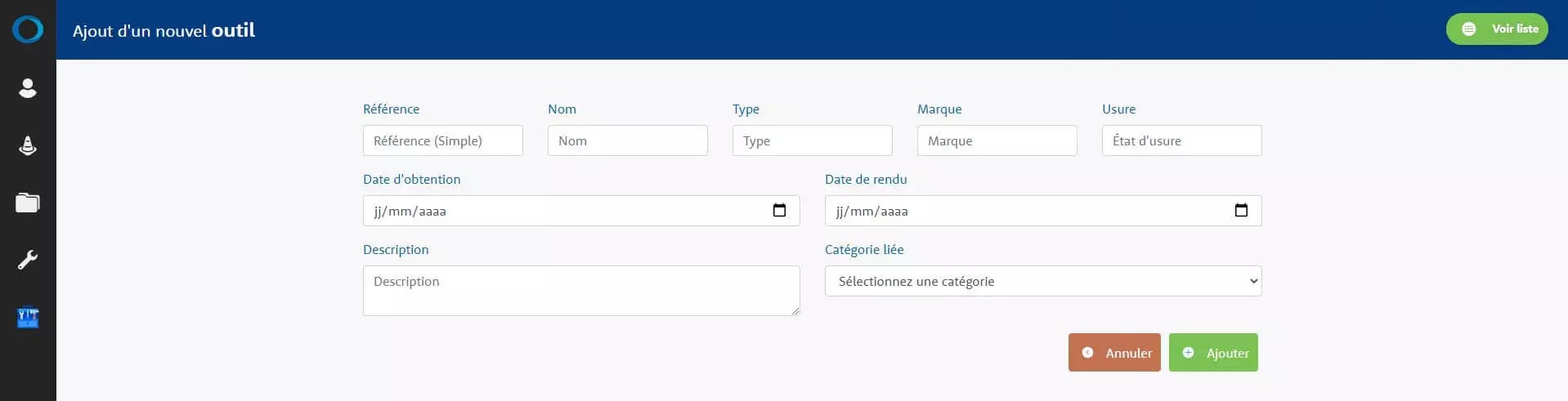 Screenshot of a web page in French showing a form titled 'Ajout d'un nouvel outil' (Adding a new tool) with fields for entering tool details and buttons for canceling and adding the tool.