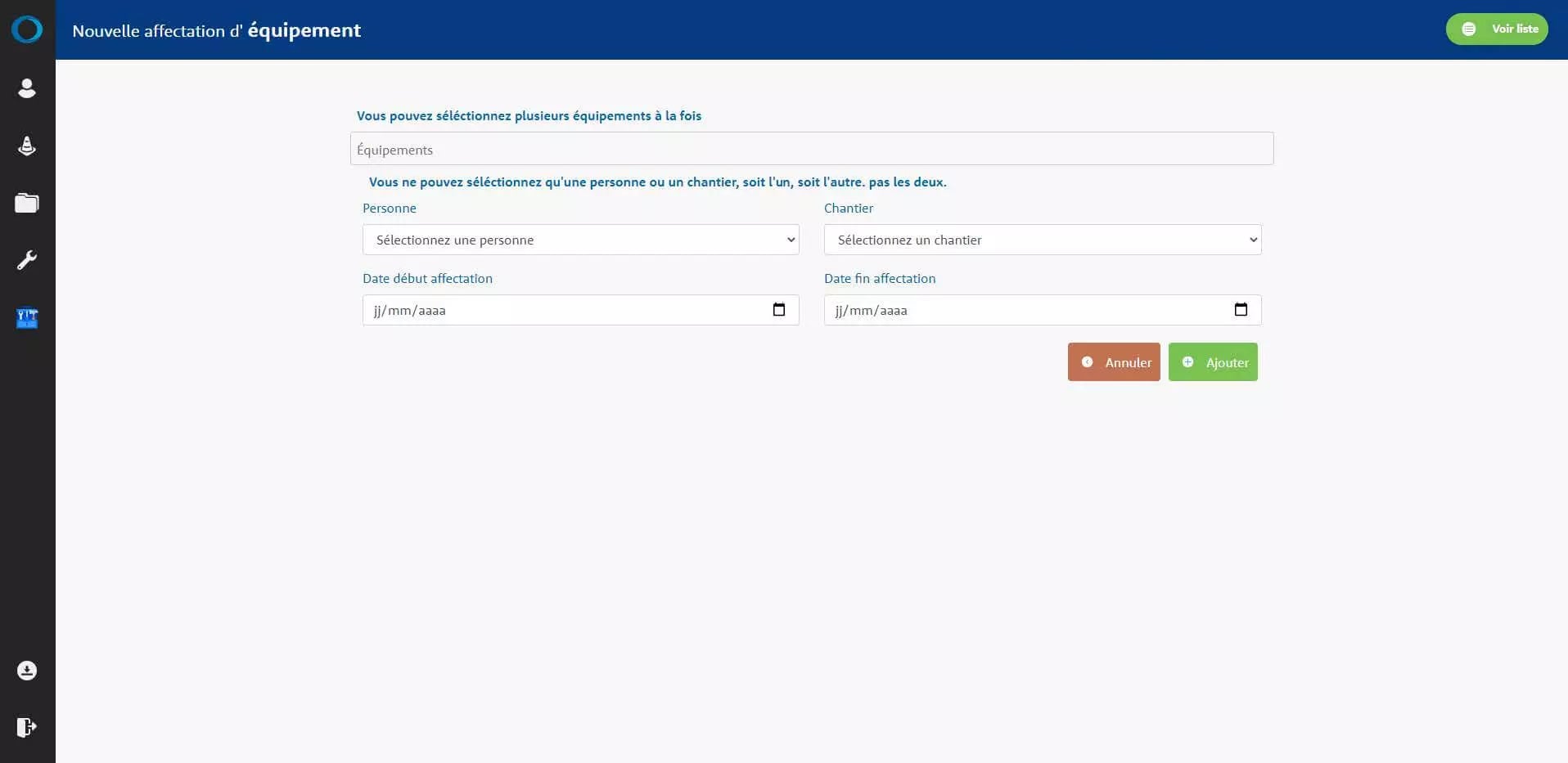 Computer interface displaying options for assigning equipment, selecting person and dates, and managing assignments in French