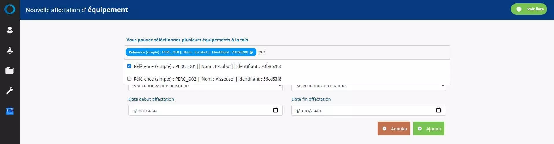 Screenshot of a web page for assigning equipment with a form titled 'Nouvelle affectation d'équipement'