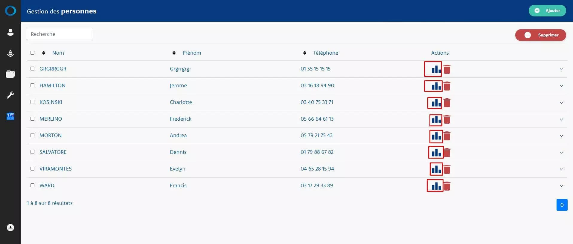 Computer screen displaying a contact management system user interface with a list of individuals' names, phone numbers, and action buttons.