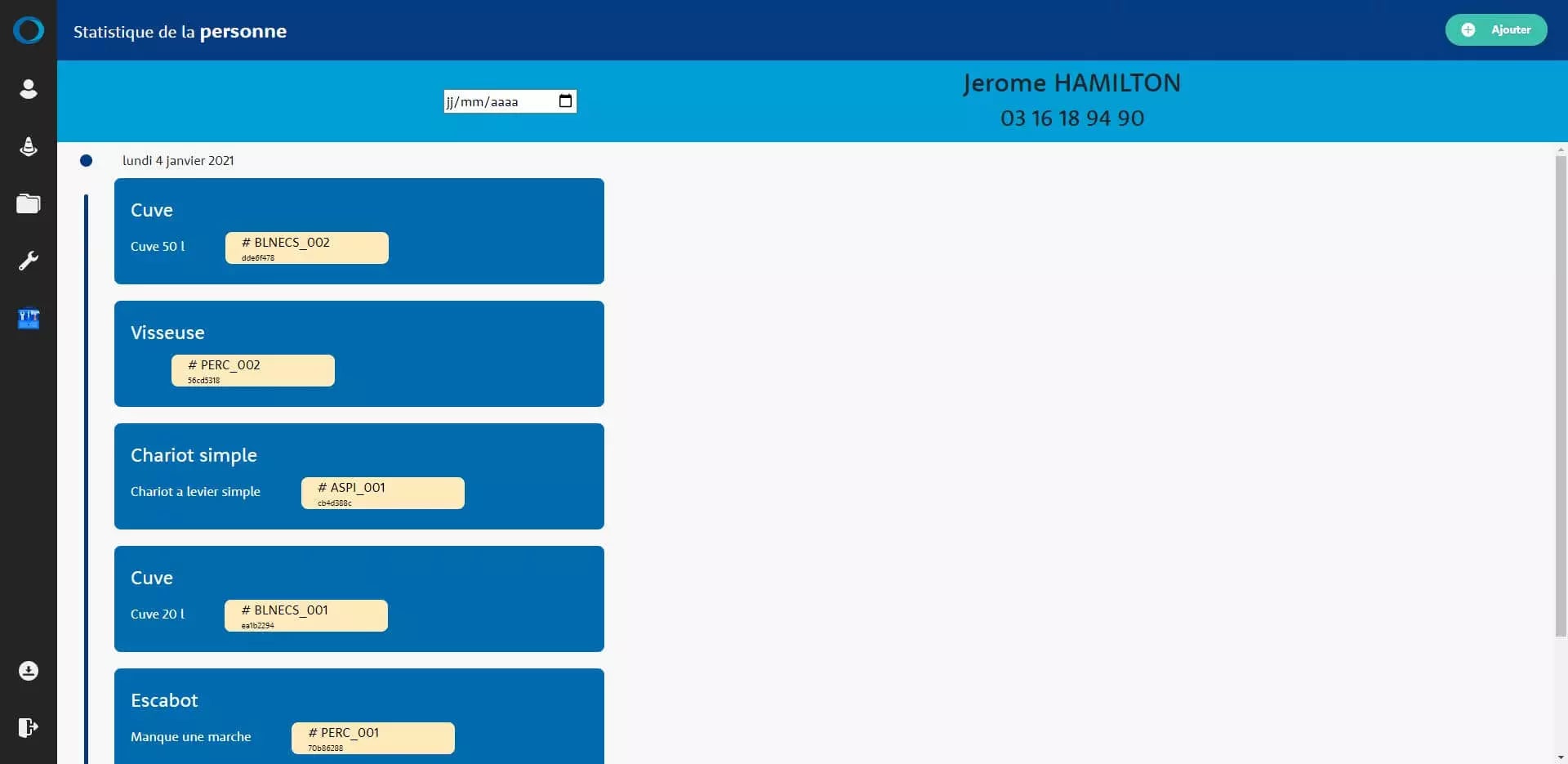A user interface displaying personal statistics and performance metrics with equipment and inventory items listed