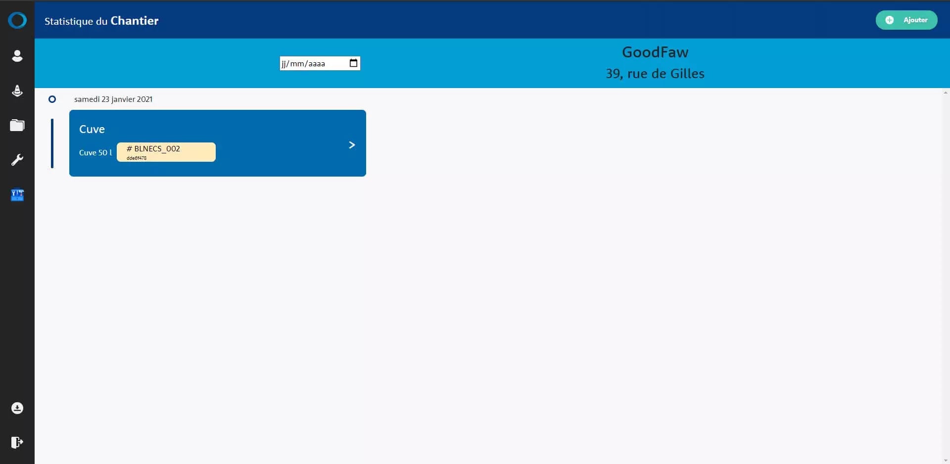 Computer interface displaying French text for construction site statistics with selected entry for Saturday, January 23, 2021