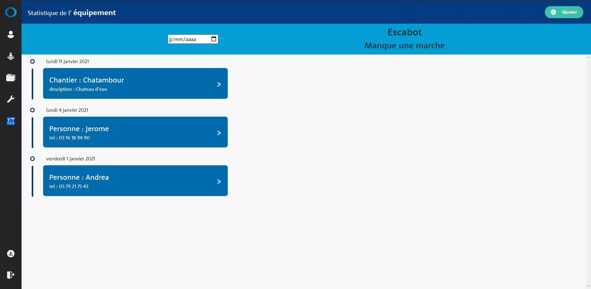 Computer screen displaying the Escabot user interface with a date picker, list of entries related to people and projects, contact information, and navigation elements.