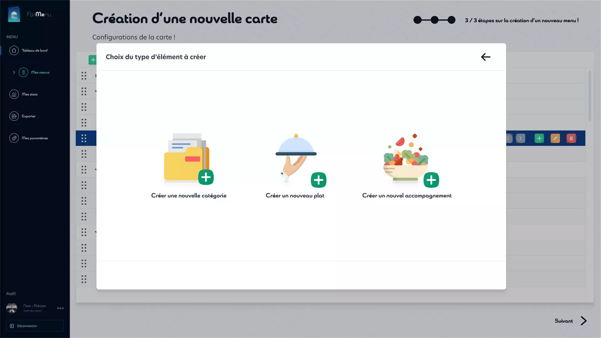 Screenshot of a menu creation interface with options to create a new category, dish, or side dish in French