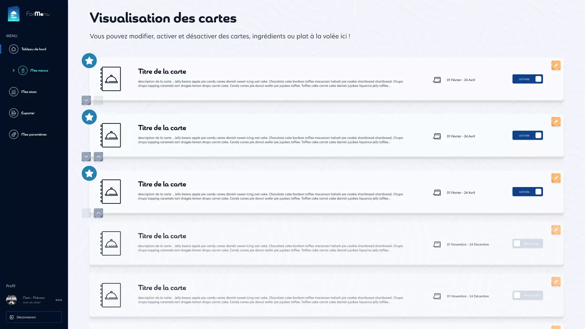 Screenshot of a French web page for managing menus with editable menu cards and activation toggles