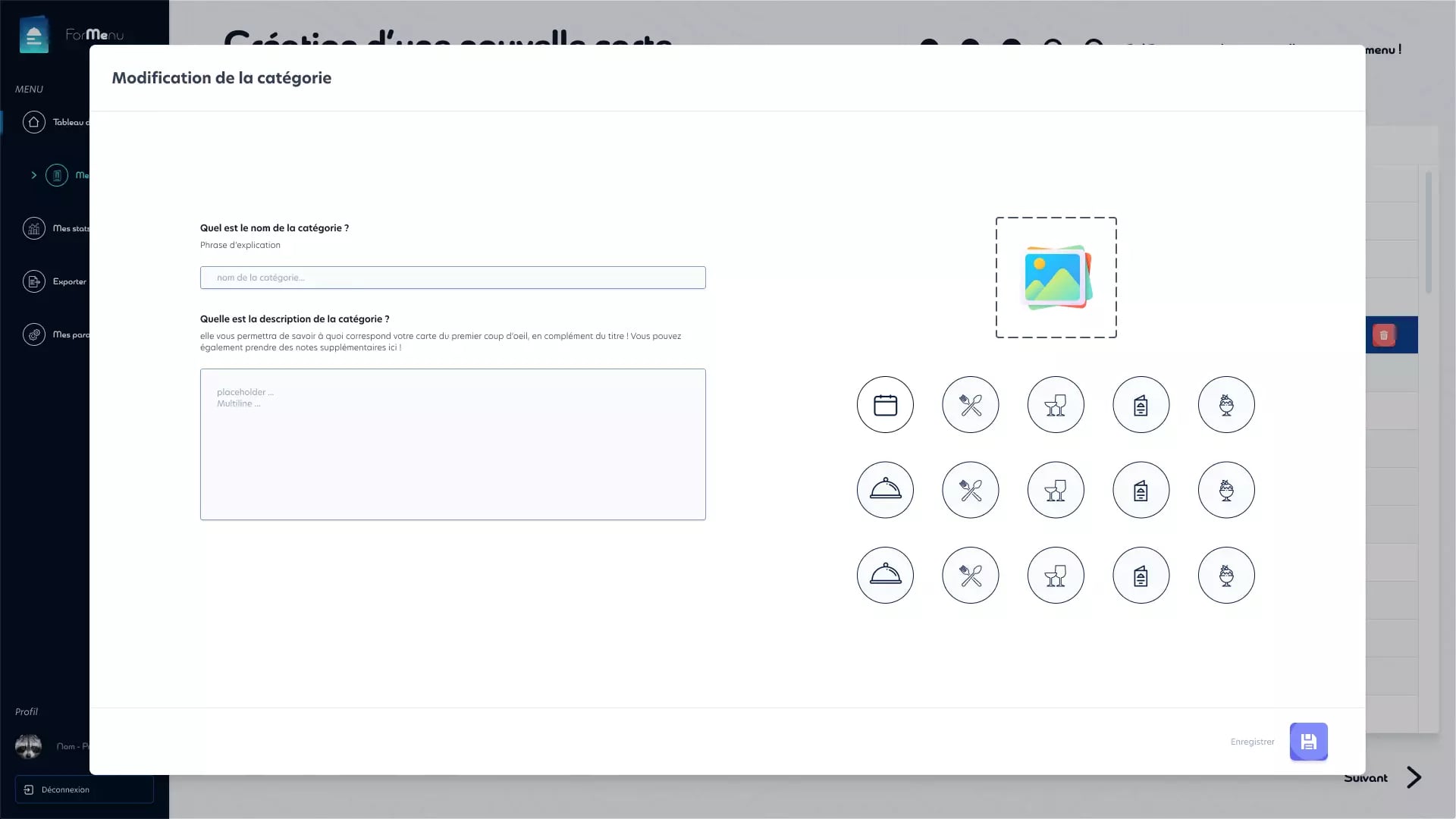 User interface for modifying categories in French, including fields for category name and description, icon selection, and save button.