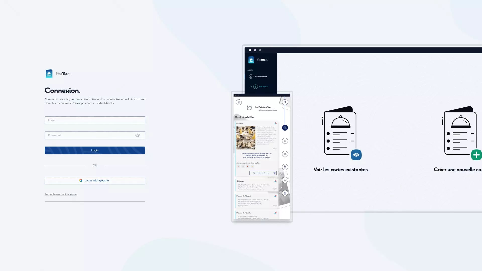 Digital interface concept for a menu application shown on various devices and states, including a login screen, mobile app interface, and menu card icons.