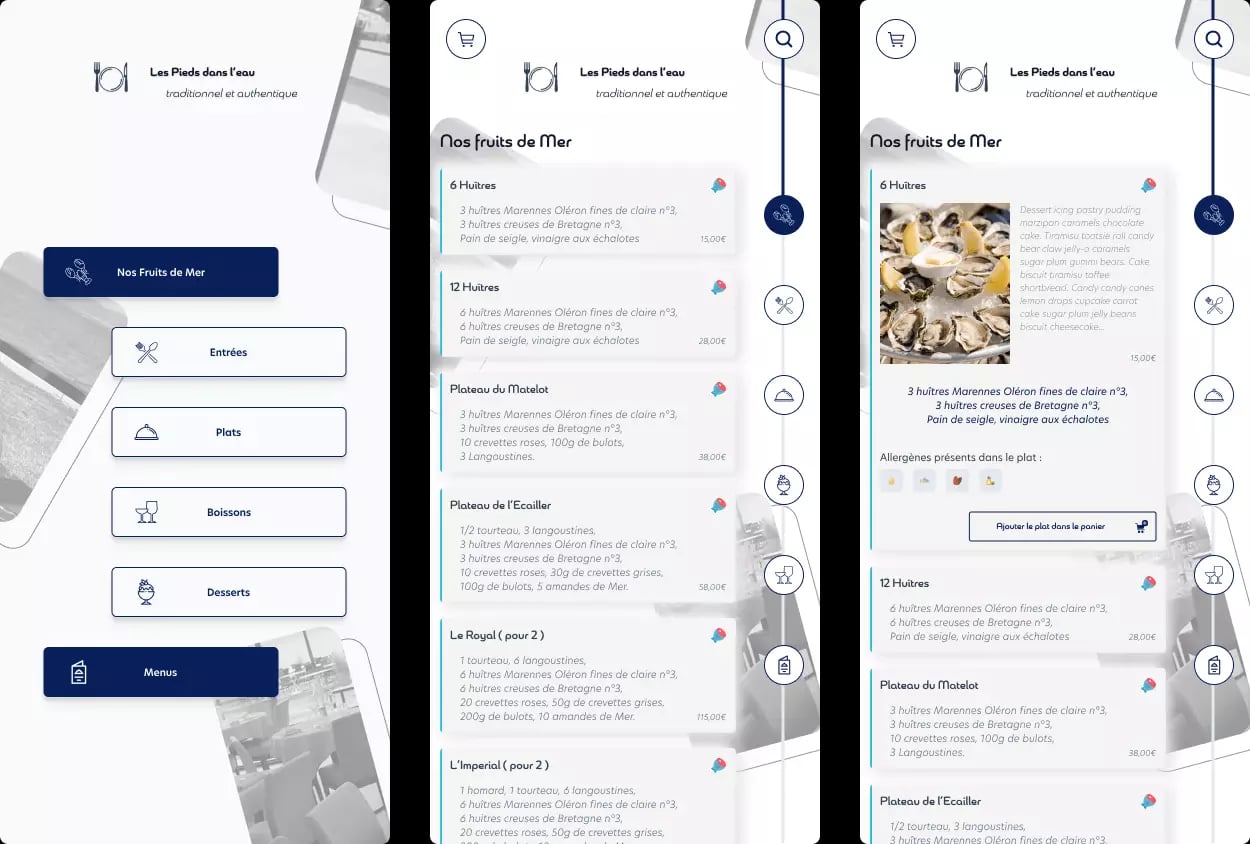 Digital seafood menu for Les Pieds dans l'eau restaurant featuring oysters, shrimp, and assorted seafood platters in French
