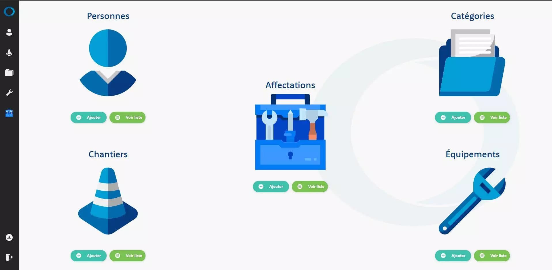 A user interface with icons and labels in French for managing people, jobsites, assignments, categories, and equipment.