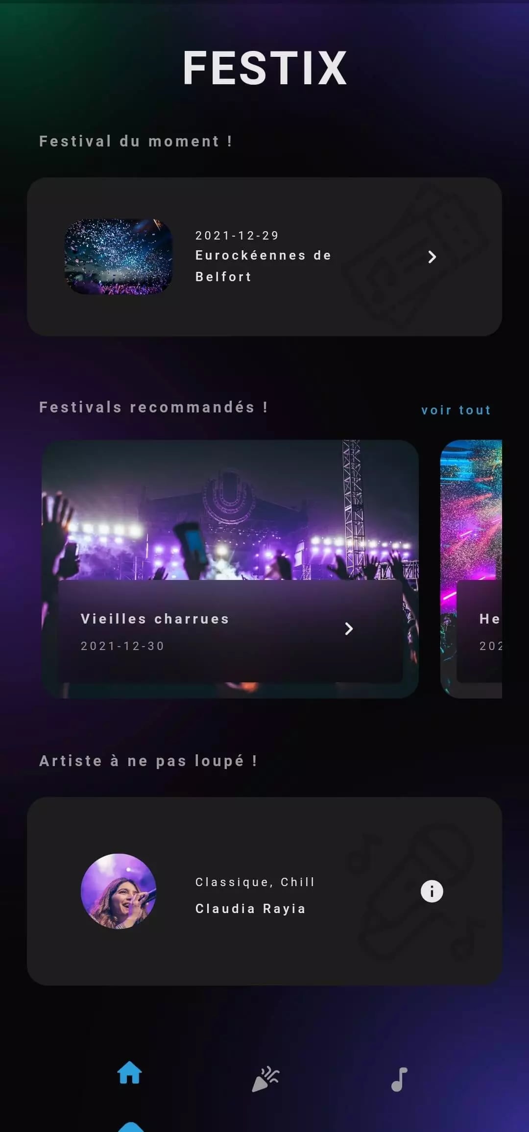 Screenshot of the FESTIX mobile application showcasing upcoming music festivals and artist recommendations, featuring modern design in dark colors.