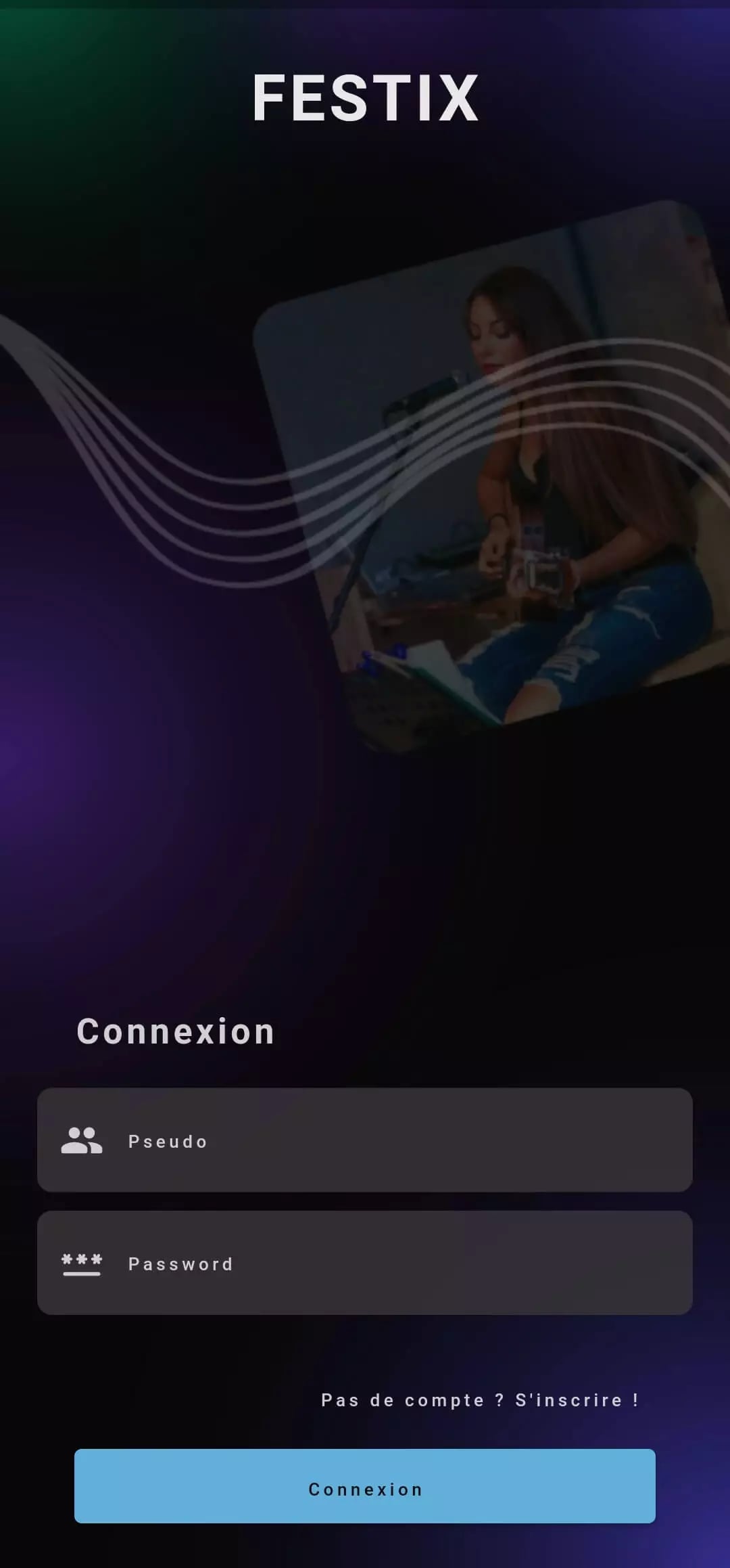 Screenshot of a FESTIX login screen with username and password fields, sign up link, and abstract wave pattern background.
