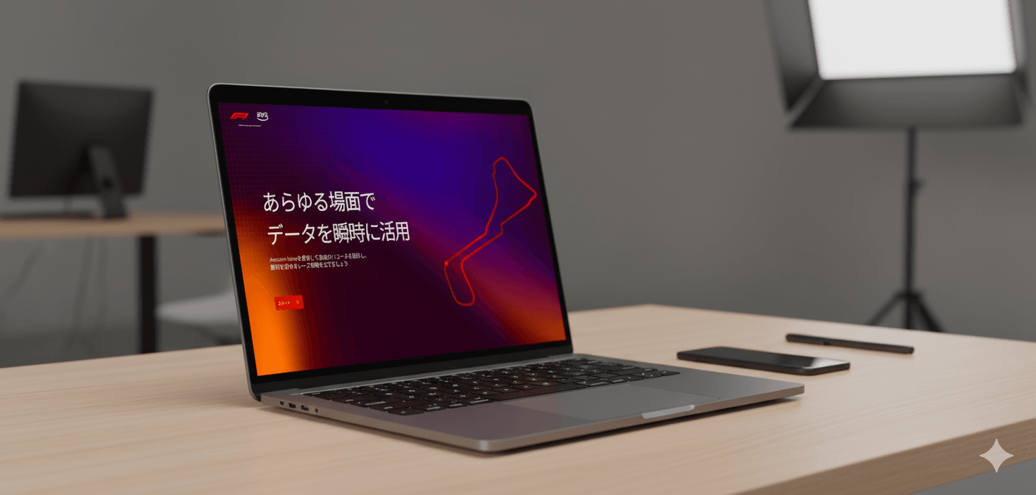 A modern laptop displaying colorful Japanese text on a wooden desk, featuring a black keyboard and a professional lighting setup in the background, accompanied by a smartphone and stylus.