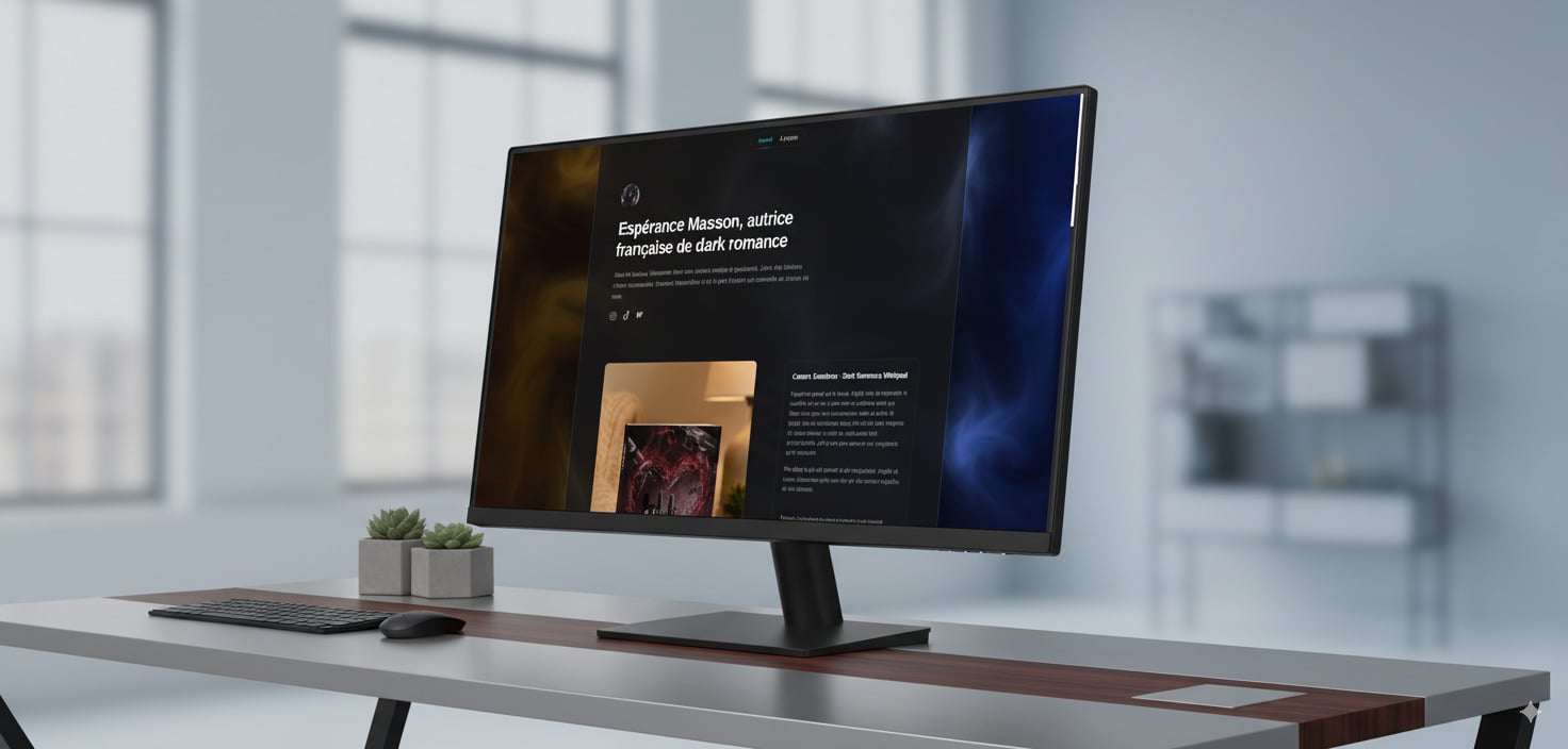 A sleek wooden desk with a modern computer monitor displaying a dark-themed webpage about French author Espérance Masson, surrounded by natural light and a minimalist office setup.