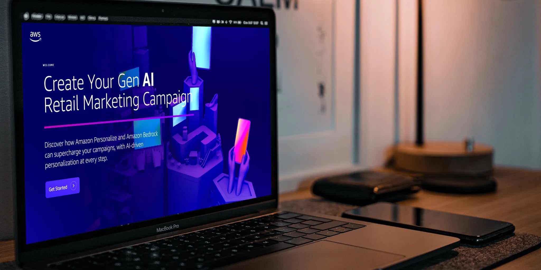 Apple MacBook Pro on a wooden desk displaying the title 'Create Your Gen AI Retail Marketing Campaign' against a futuristic blue and purple background, symbolizing technology and innovation in digital marketing.