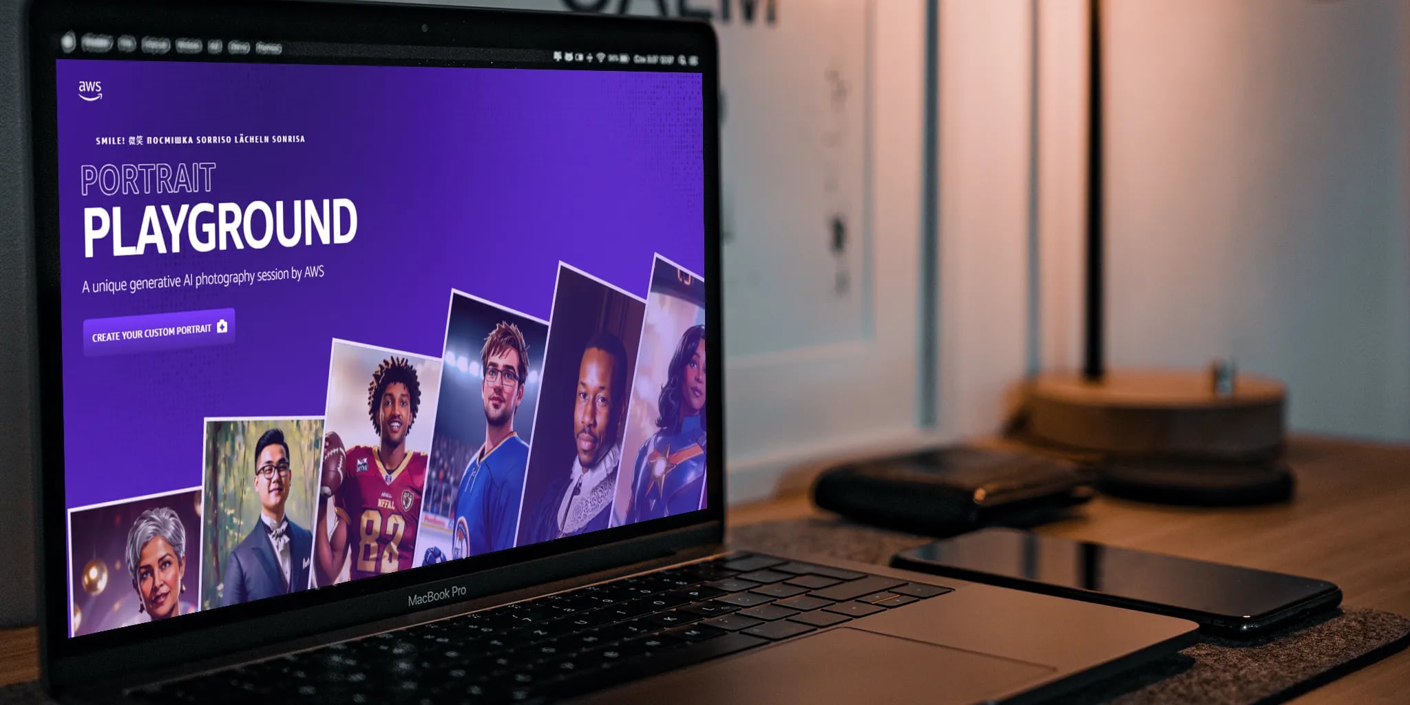 Close-up view of a MacBook Pro showing a vibrant purple-themed webpage titled 'Portrait Playground', featuring diverse portraits created through generative AI photography by AWS, with a smartphone and wireless charging pad on the desk.
