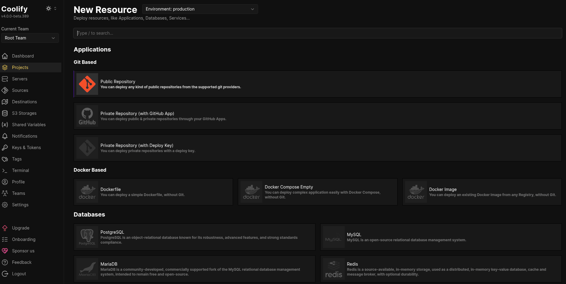 Dark-themed user interface of Coolify platform showcasing the 'New Resource' feature for deploying applications, databases, and services. Includes sections for Git and Docker resources, along with database options like PostgreSQL, MySQL, and Redis.