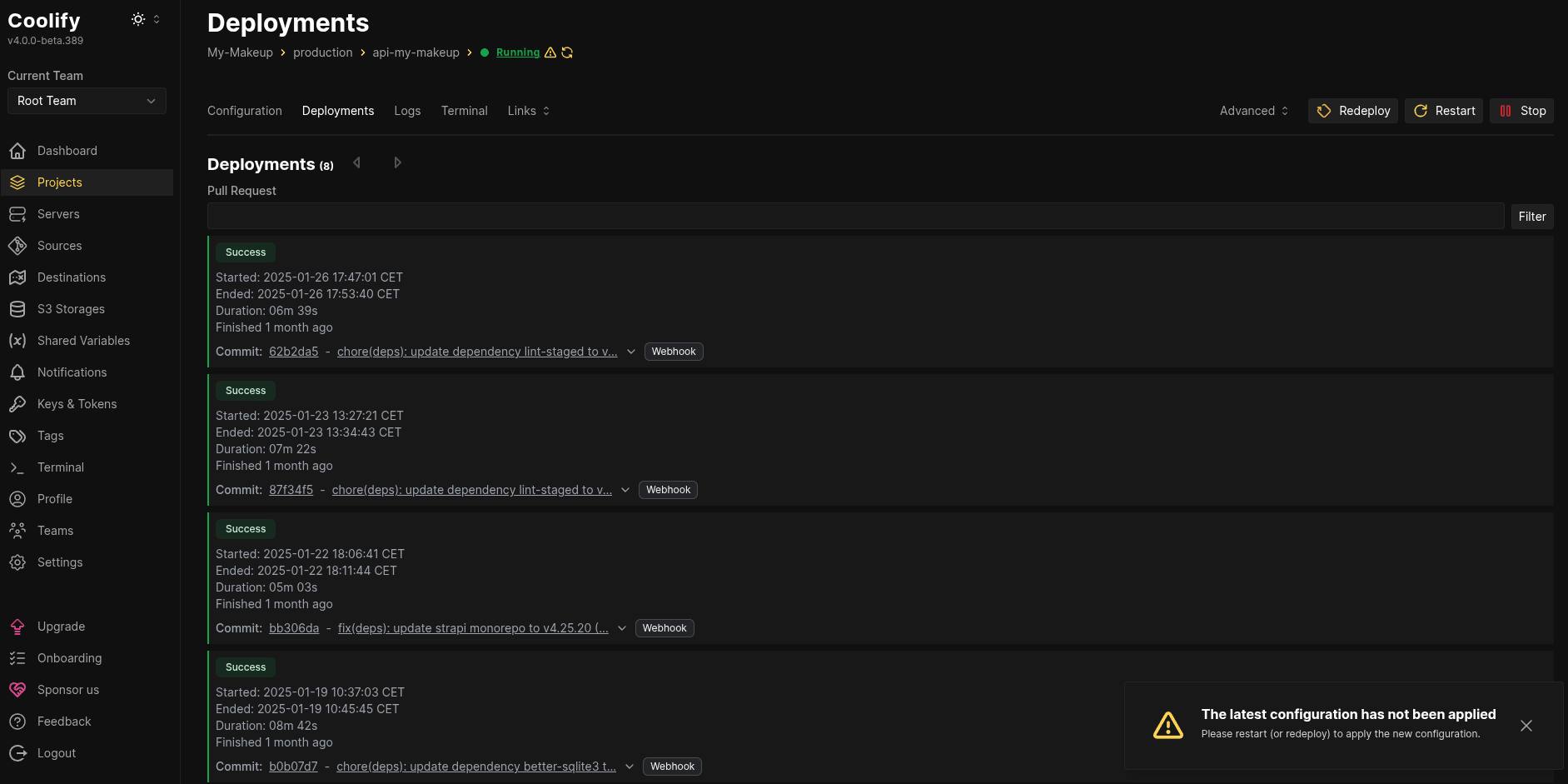 Coolify Deployments Interface