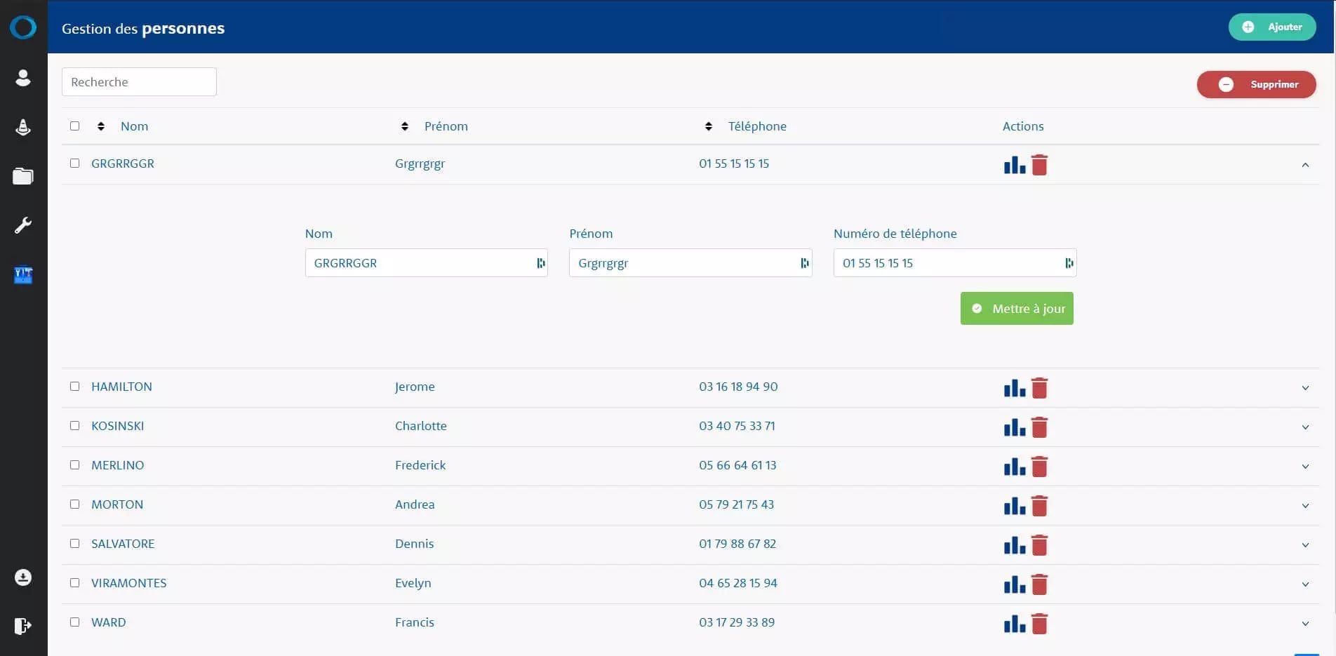 User interface for a contact management system displaying a list of names, phone numbers, and editing options