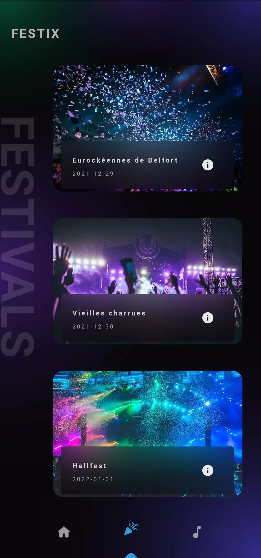 Three event listings on FESTIX app featuring confetti, a crowd at a stage with purple lighting, and colorful stage lights at a concert or festival.