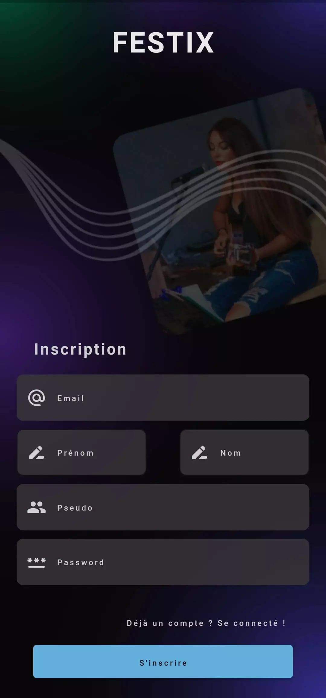 FESTIX sign-up page featuring registration form fields for email, first name, last name, username, and password with background image of person holding a camera.