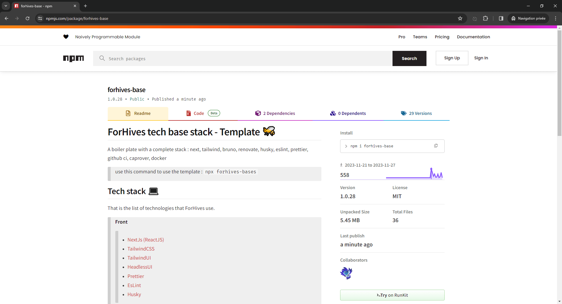 Screenshot of npmjs.com webpage displaying package 'forhives-base' with version 1.0.28, license MIT, and technology stack details