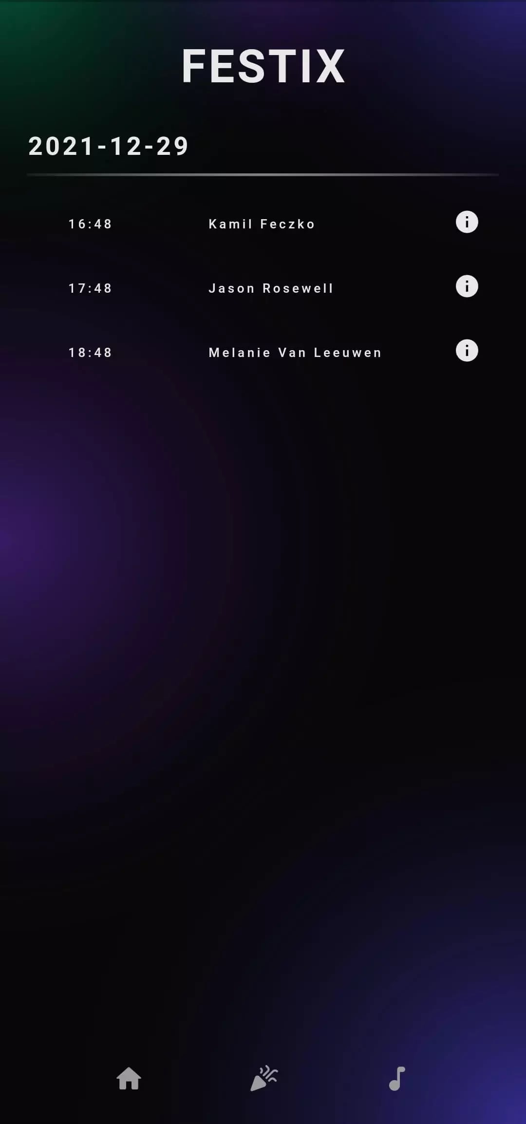 Screen displaying FESTIX event app interface with date, times, and speaker information.