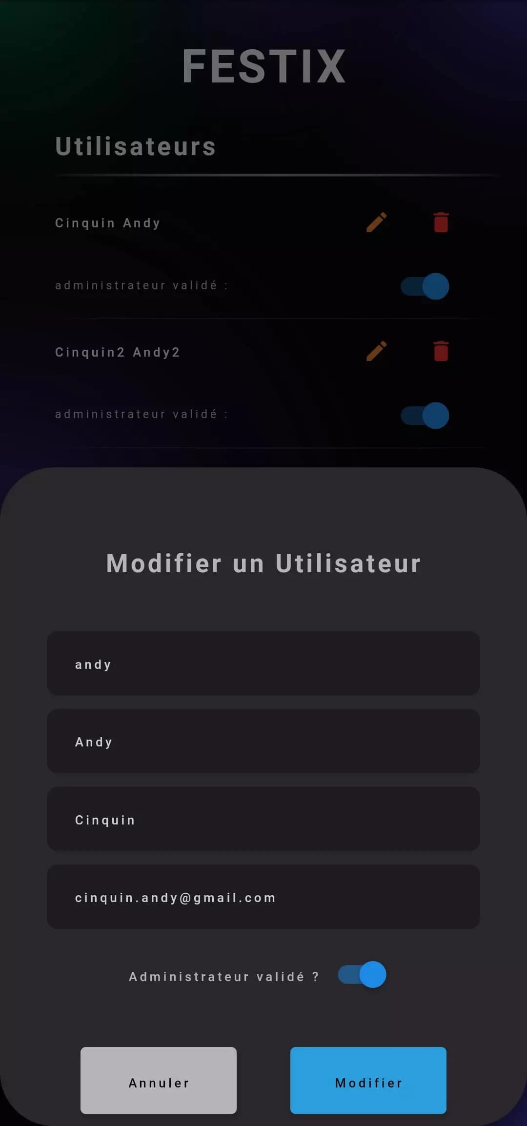 Screenshot of the FESTIX application user management interface in French, featuring a list of users with editing and deletion options, and a detailed user editing panel with fields for modifying user details and toggling 'Validated Administrator' status.