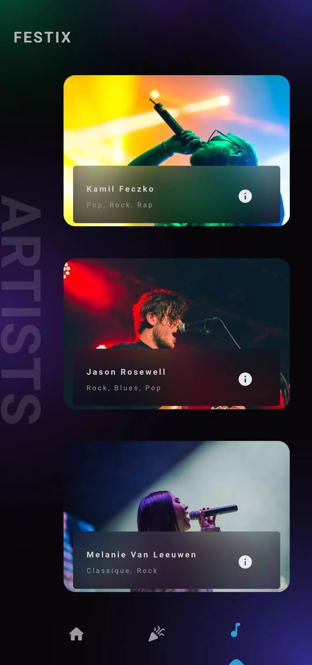 Mobile app interface displaying profiles of three different musical artists: Kamil Feczk, Jason Rosewell, and Melanie Van Leeuwen, with their associated music genres.