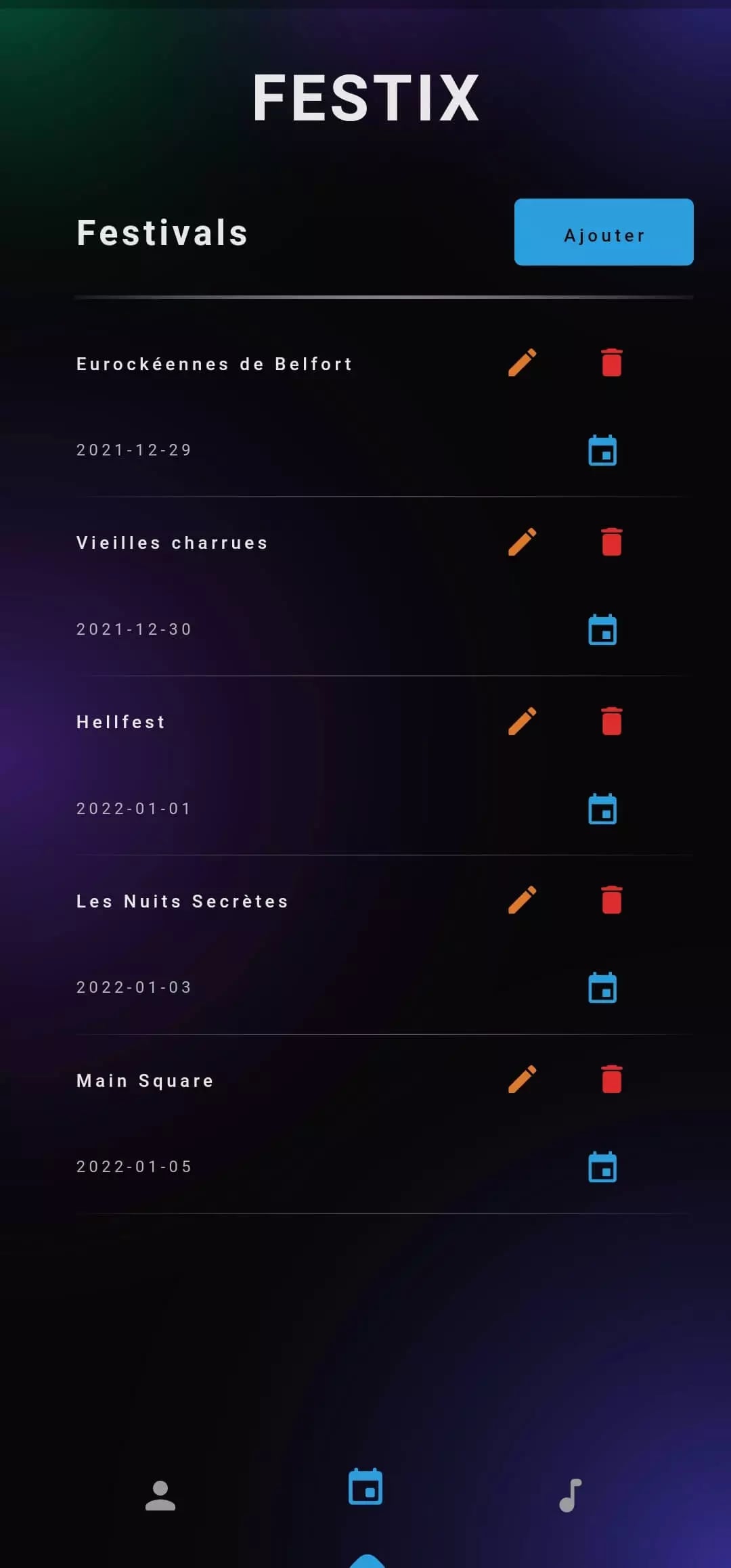 Screenshot of FESTIX application interface showing a list of festivals with options for editing, deleting, and adding/viewing photos