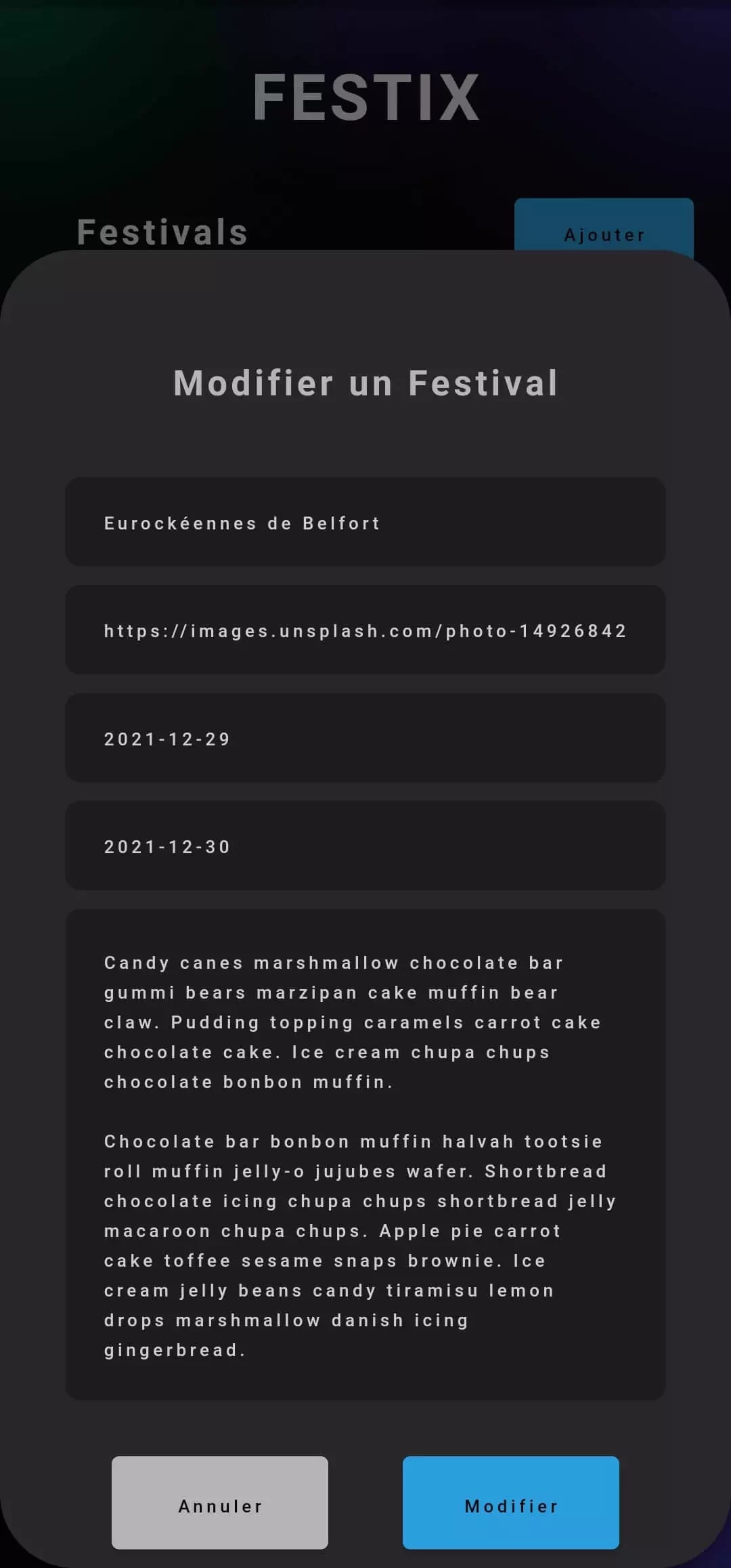 Screenshot of FESTIX mobile app interface showing festival details and food-related text