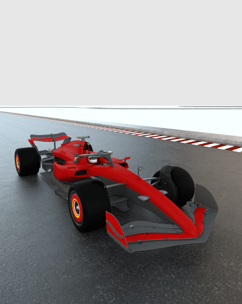 Angled view of a vibrant red Formula 1 racing car showcasing aerodynamic design elements like a detailed front wing and wide tires, displayed on a sleek surface with a blurred racetrack background.