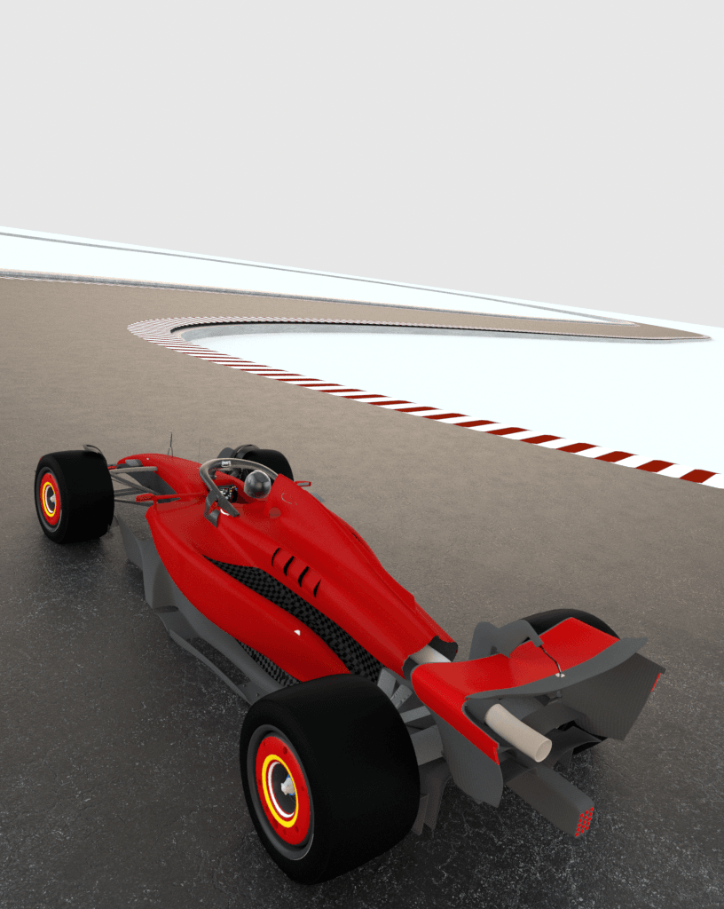 A sleek, aerodynamic red racing car navigating a curve on a dark asphalt racetrack, featuring wide tires with red accents and a prominent rear wing.