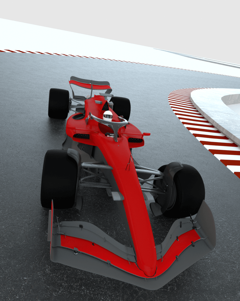 A sleek red racing car with large tires and intricate front wing navigating a curved track with striped markings, symbolizing speed and advanced engineering in motorsport.