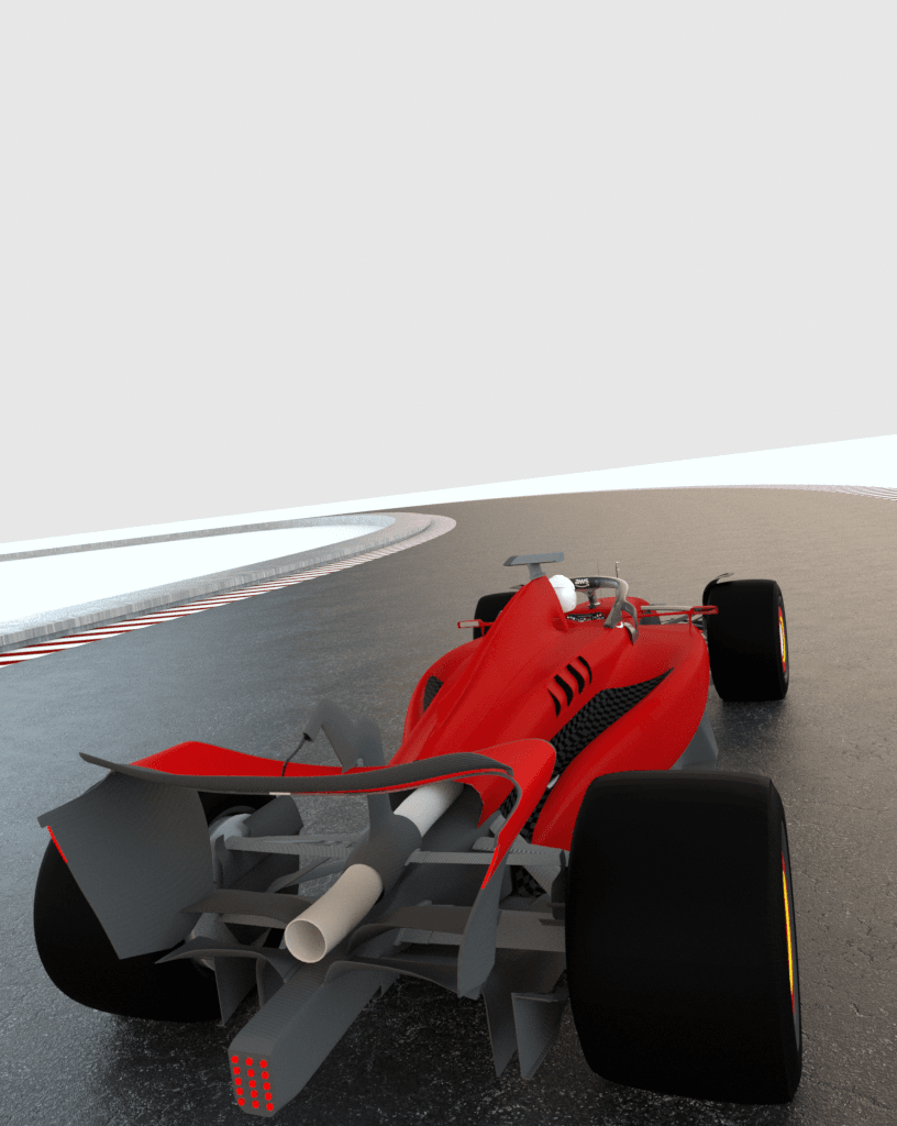 Rear view of a sleek red Formula 1 race car showcasing its aerodynamic design, prominent rear wings, and large black tires on a smooth racetrack with a gray backdrop.