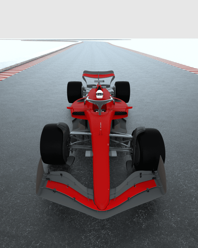 A striking red racing car showcased from the front view on a smooth racetrack, highlighting its aerodynamic design and sporty features.