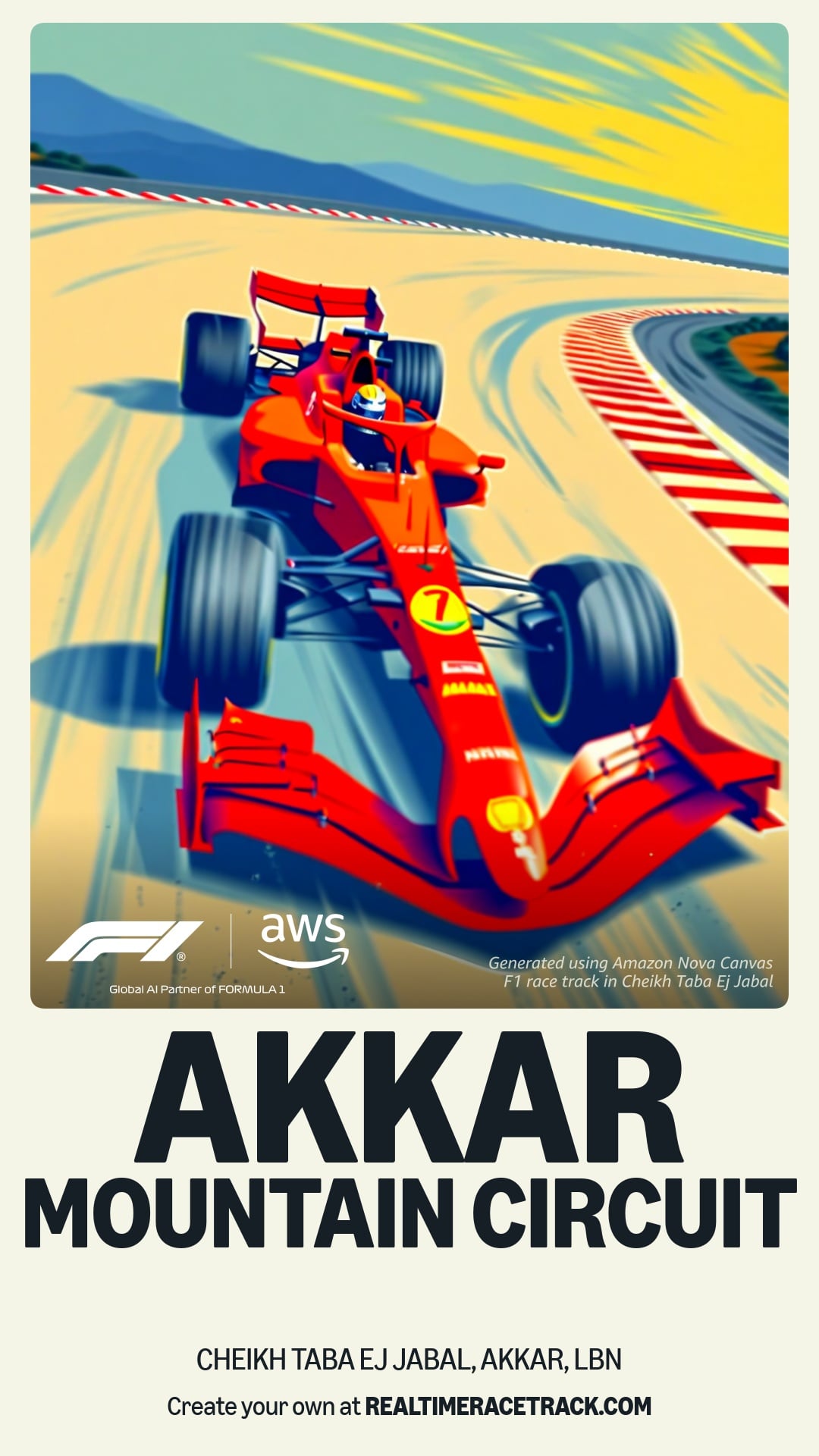 Vibrant illustration of a red Formula 1 race car navigating a sharp curve on a racetrack against a scenic mountain backdrop with a clear blue sky.
