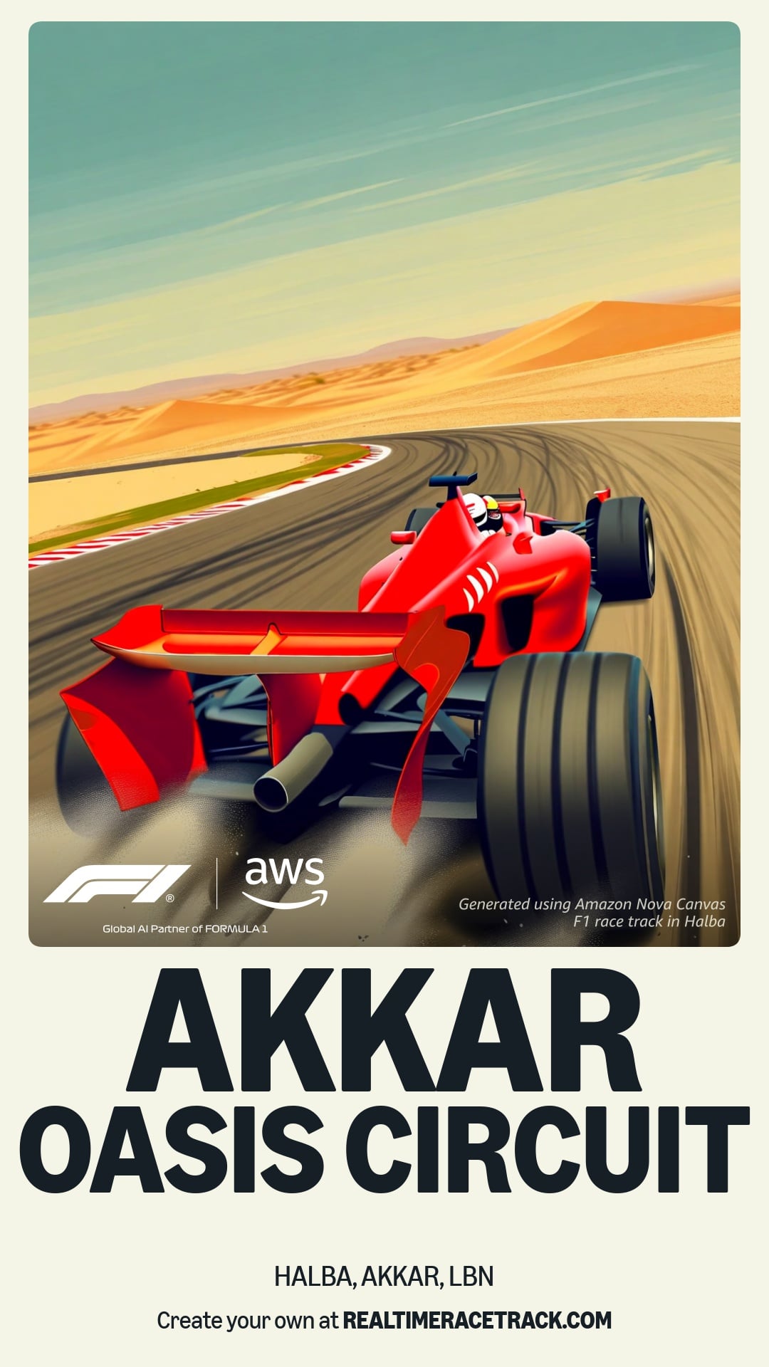 Stylized illustration of a red Formula 1 car in motion at the Akkar Oasis Circuit in Halba, Akkar, Lebanon, with sandy desert hills in the background.