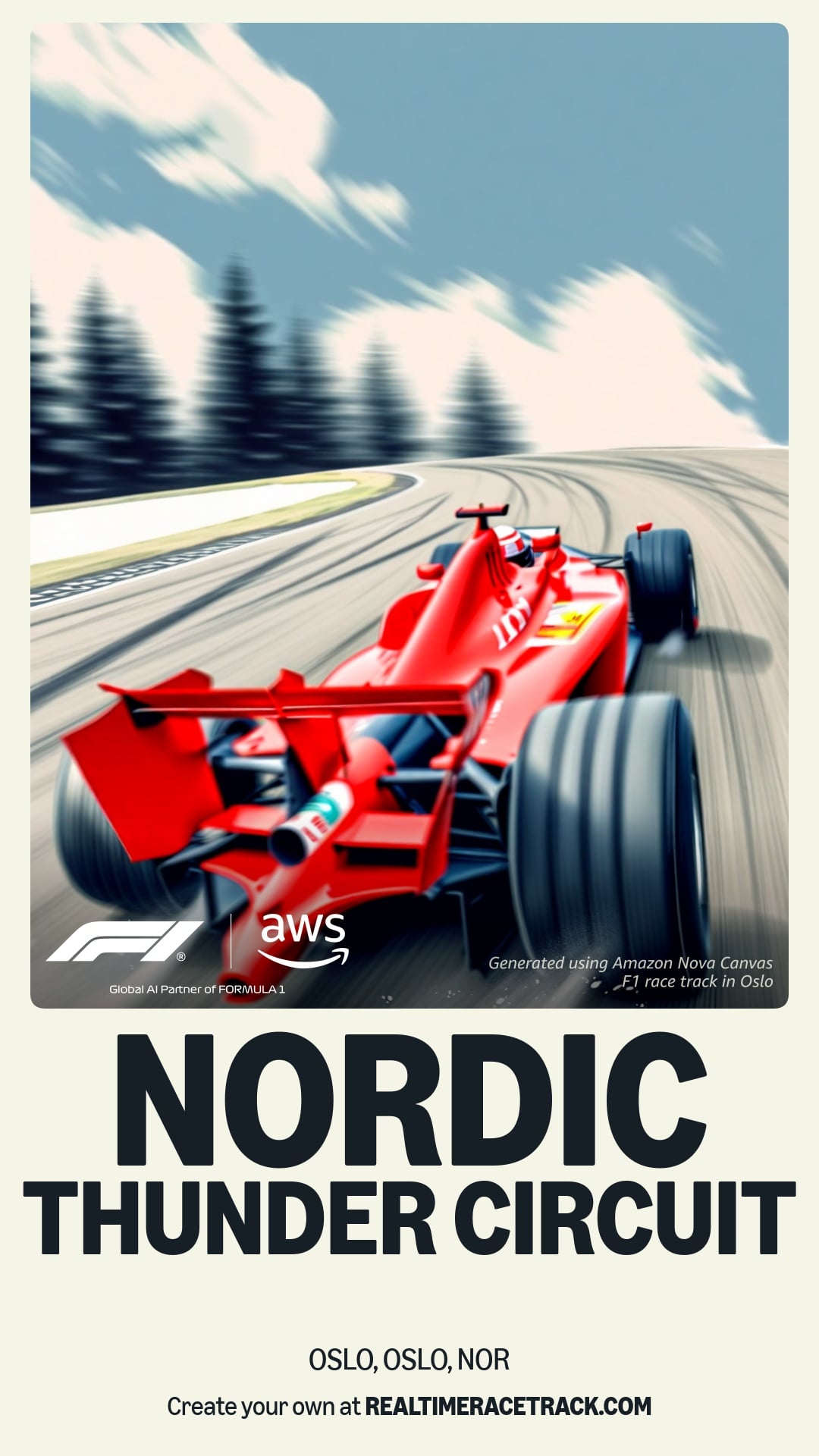 Vibrant red Formula 1 racing car speeding on a curving track at Nordic Thunder Circuit, Oslo, with stylized trees and a blue sky in the background.