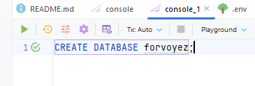 Image of computer screen displaying open code editor or database management interface with command to create a new database named 'forvoyez'