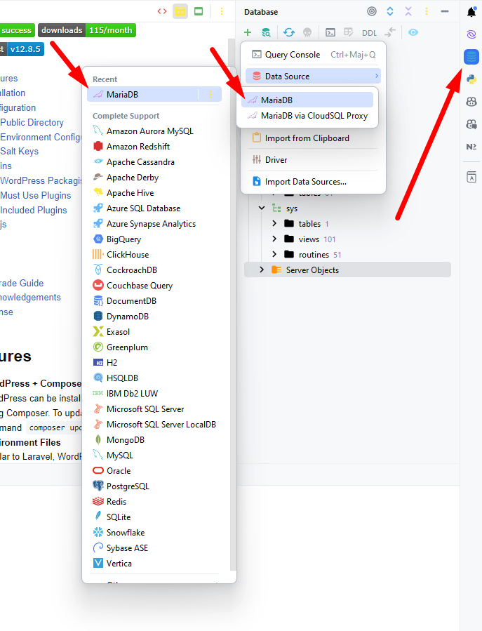 Screenshot of a database management software interface showing list of supported databases, navigation for a database with tables, views, and routines, and toolbar with options for query console and data sources