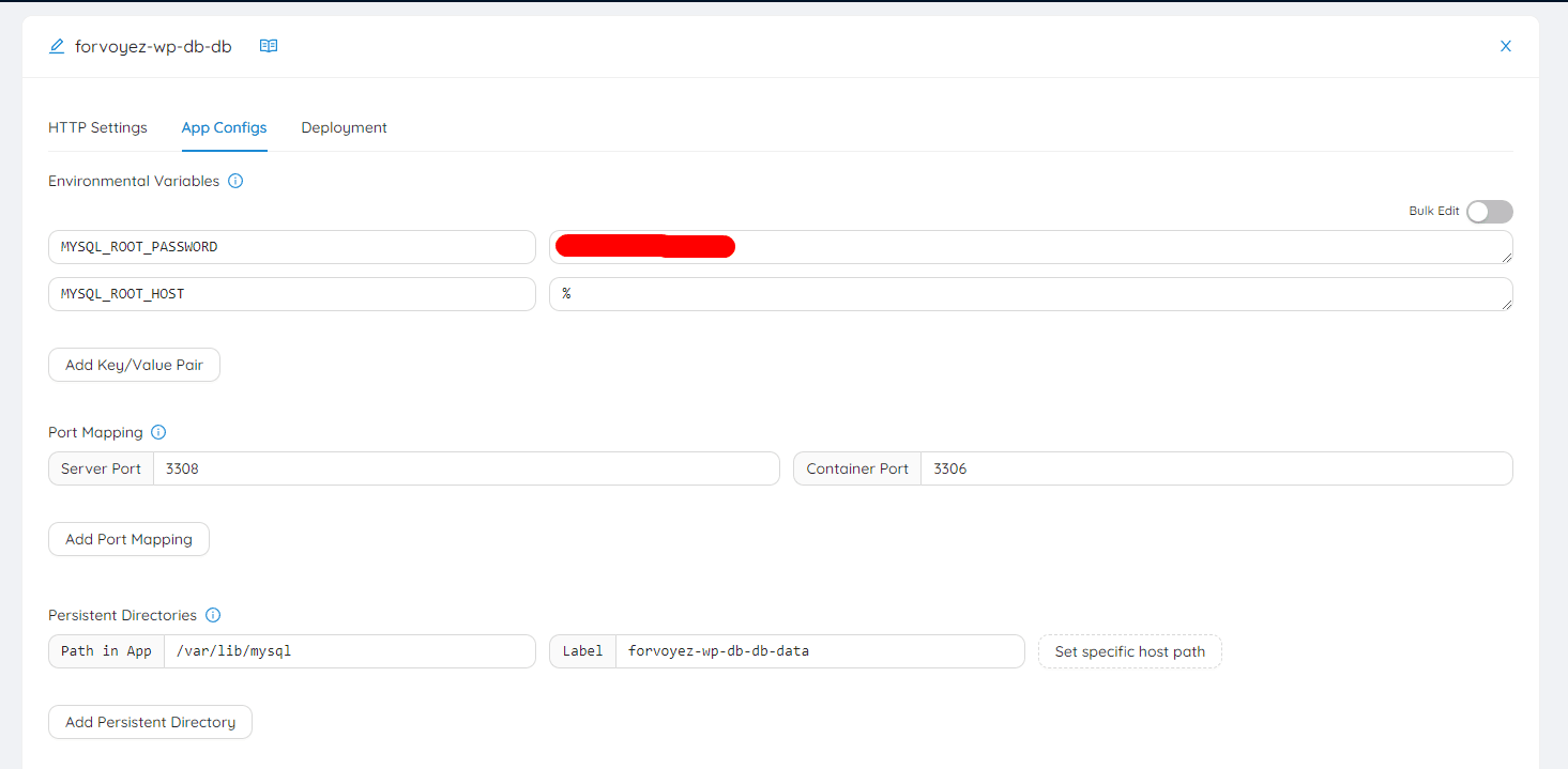 Webpage displaying a configuration panel for database settings with tabs for HTTP Settings, App Configs, and Deployment. App Configs tab shows settings for environmental variables and options for MySQL database instance.