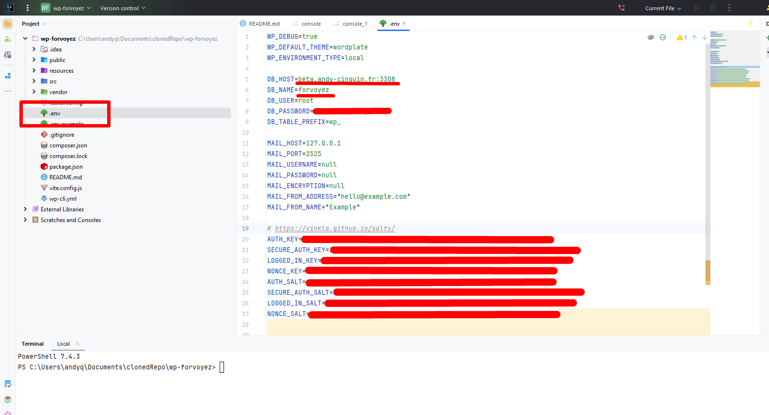 Screenshot of an Integrated Development Environment (IDE) with an open project showing a .env file containing environment configuration settings.
