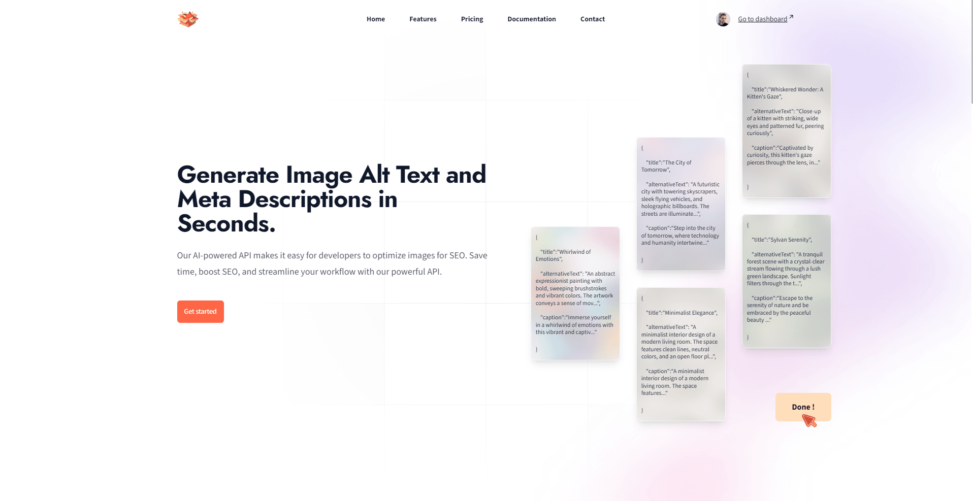 Webpage showcasing a service for generating image alt text and meta descriptions using artificial intelligence