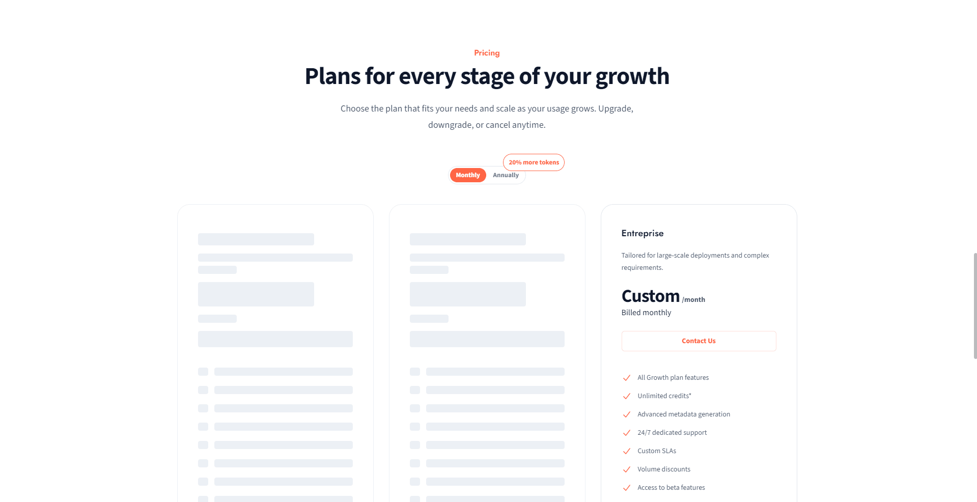 Webpage showing pricing plans for a service or product, with options to toggle between Monthly and Annually views. Includes Enterprise and Custom plans, as well as blurred out graphical representations of other plans.