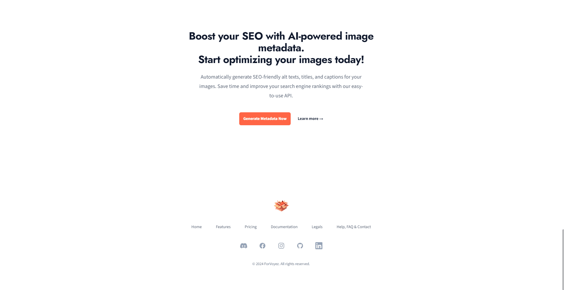 Webpage interface of MetaFox, an AI-powered service for enhancing image SEO through automated metadata generation