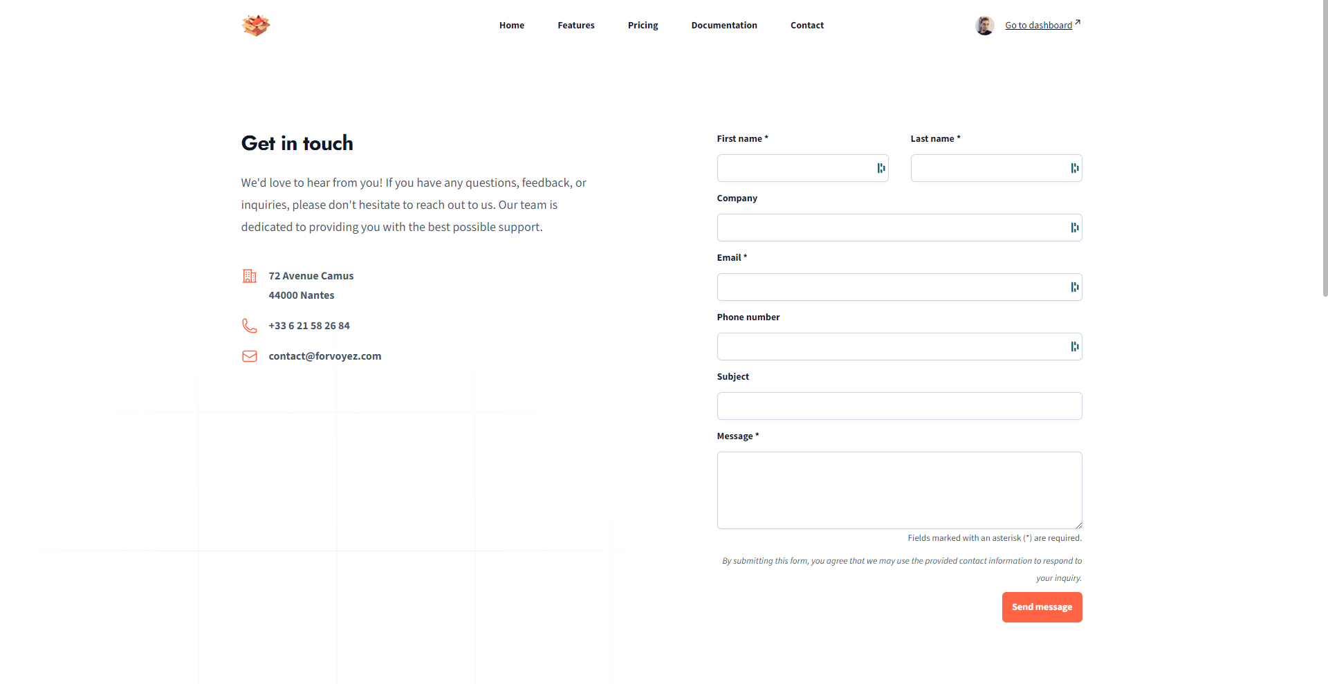 Screenshot of a 'Contact Us' page featuring a contact form and contact information
