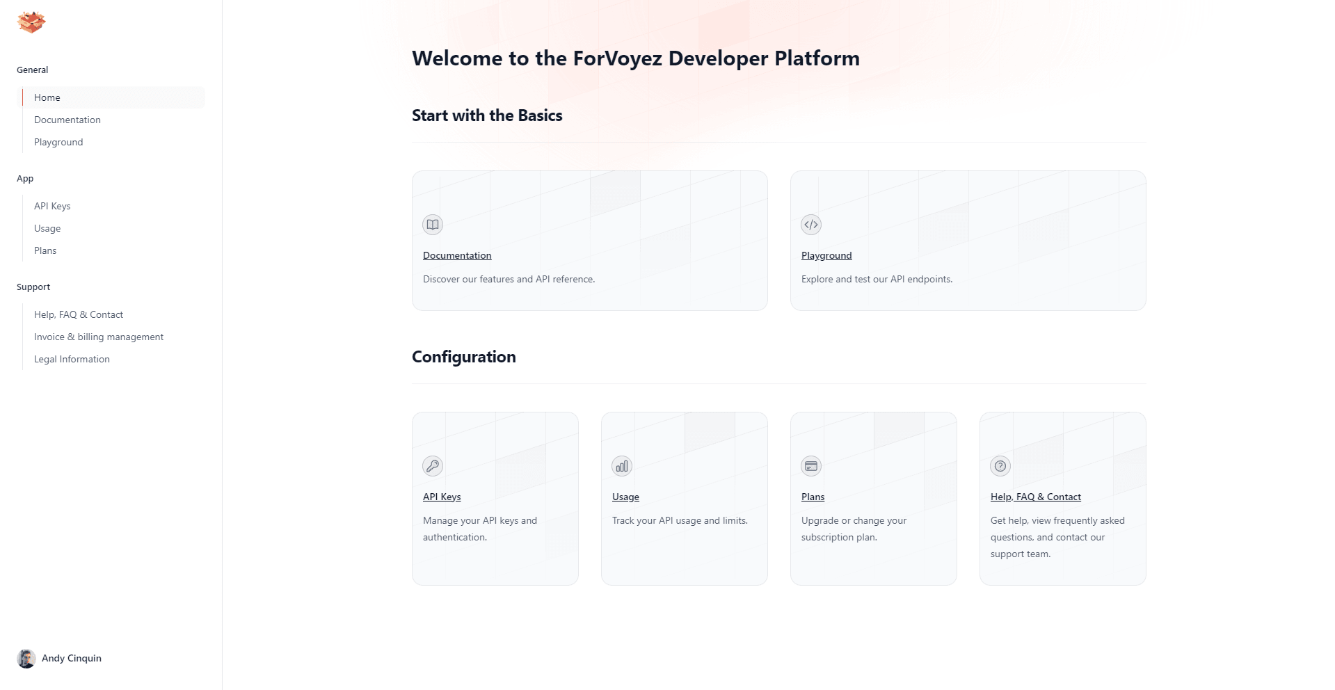 User interface of the ForVoyez Developer Platform with sections for basics and settings