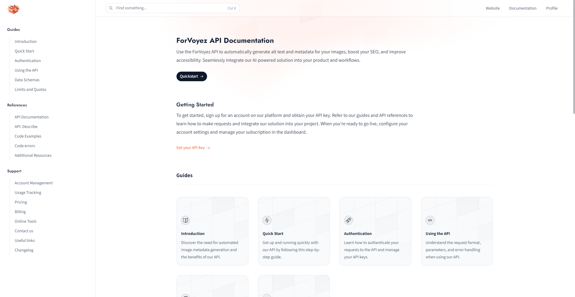Webpage showcasing ForVoyez API Documentation with sections for Guides, References, and Support, links to Introduction, Quick Start, Authentication, and Using the API, and a search bar for Website, Documentation, and Profile.