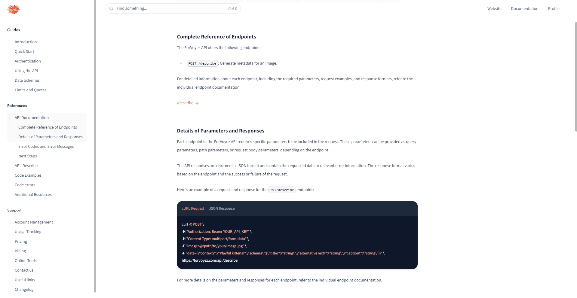 Screenshot of a webpage displaying API documentation with navigation bar on the left and API endpoint details on the right