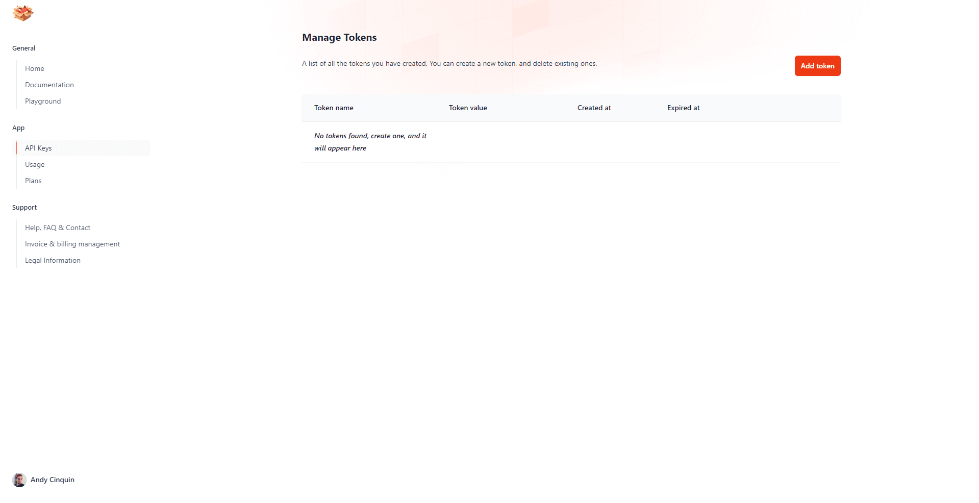 User interface for managing API tokens on a web platform with navigation options and a 'Manage Tokens' page.